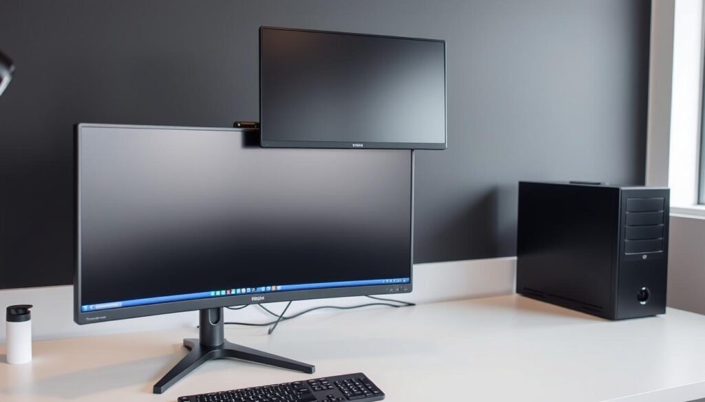 Stacked dual monitor arrangement for productivity