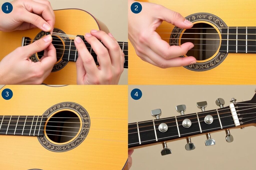 Step-by-step string replacement on acoustic guitar