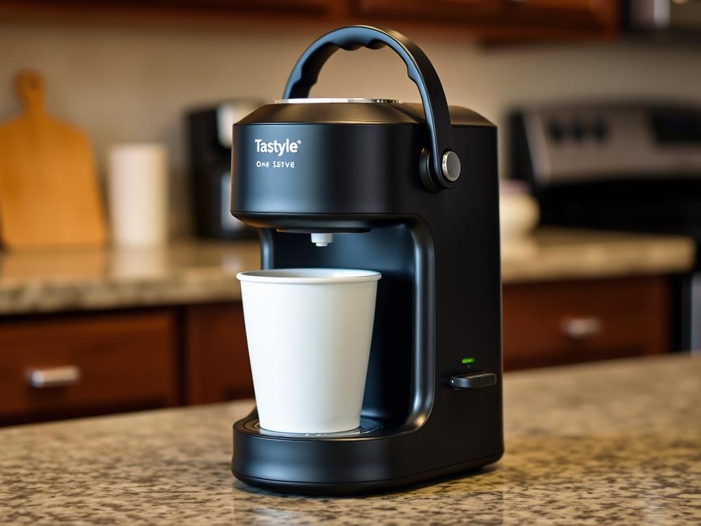 Tastyle Single Serve Coffee Maker showing its compact design with portable handle