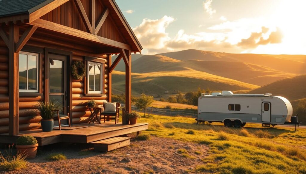 Tiny house exterior choices, a serene and rustic countryside scene. In the foreground, a well-crafted wooden facade with a charming porch, adorned with potted plants and cozy outdoor furnishings. The middle ground features a sleek, modern trailer foundation, seamlessly integrated into the natural landscape. Lush, verdant hills roll in the background, illuminated by warm, golden sunlight filtering through wispy clouds. The overall composition conveys a sense of tranquility, showcasing the harmonious blend of portable home design and its natural surroundings.