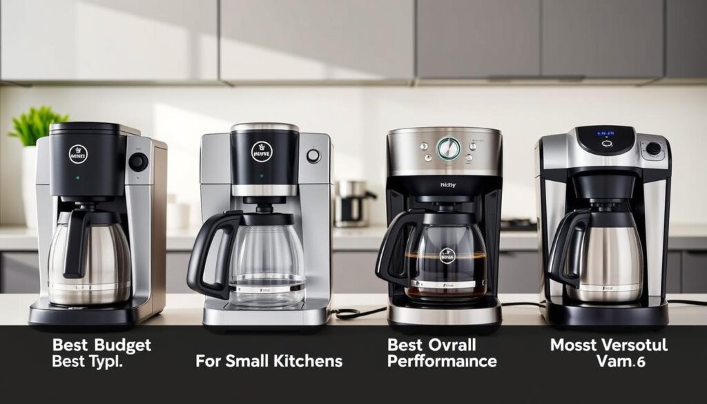 Various coffee makers arranged by category showing best budget, small kitchen, overall performance, and versatility options