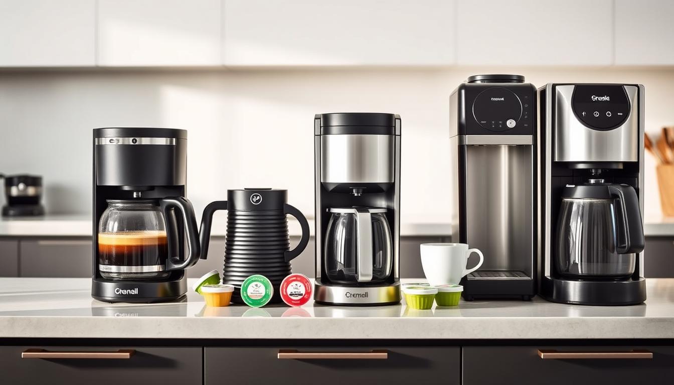 Various types of coffee makers including drip, single-serve, and espresso machines on a kitchen counter