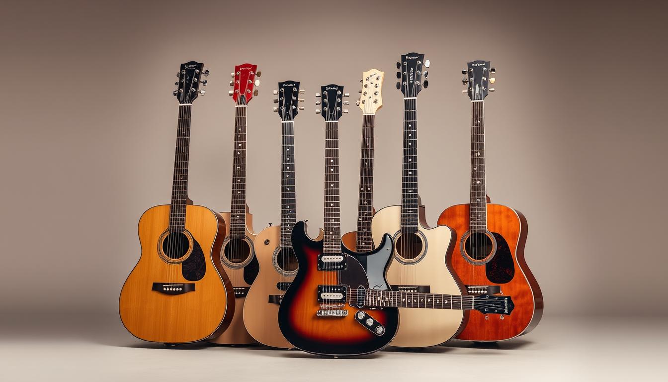 Various types of guitars including acoustic, electric, and classical arranged together