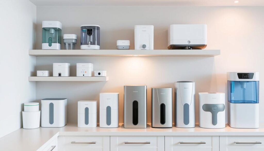 a clean, well-lit modern kitchen interior with a countertop and shelves, featuring an array of affordable RO water purifiers in various shapes and sizes, ranging from compact tabletop models to larger under-sink units. The purifiers have a sleek, minimalist design with muted colors like white, grey, and silver. They appear neatly arranged, with some units partially visible to showcase their features. The lighting is soft and diffused, creating a warm, inviting atmosphere. The background is slightly blurred, placing the focus on the water purifiers as the main subject.