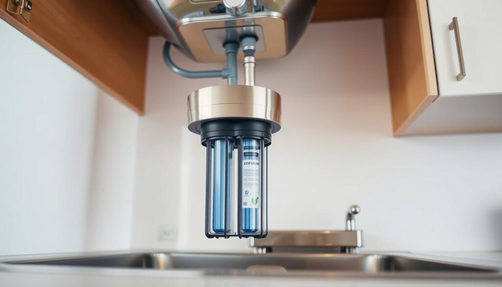 a compact, under-sink reverse osmosis (RO) water filter system, displayed in a well-lit, clean kitchen setting. The filter housing is made of stainless steel, with a modern, streamlined design that seamlessly integrates into the cabinetry. The filter cartridges are visible, highlighting the system's functionality. The scene is captured from a slightly elevated angle, showcasing the filter's compact size and discreet installation. The lighting is soft and diffused, creating a warm, inviting atmosphere that complements the kitchen's aesthetic. The overall composition emphasizes the filter's efficient and space-saving features, making it an ideal choice for a clean, reliable water purification system under the sink. a compact, under-sink reverse osmosis (RO) water filter system, displayed in a well-lit, clean kitchen setting. The filter housing is made of stainless steel, with a modern, streamlined design that seamlessly integrates into the cabinetry. The filter cartridges are visible, highlighting the system's functionality. The scene is captured from a slightly elevated angle, showcasing the filter's compact size and discreet installation. The lighting is soft and diffused, creating a warm, inviting atmosphere that complements the kitchen's aesthetic. The overall composition emphasizes the filter's efficient and space-saving features, making it an ideal choice for a clean, reliable water purification system under the sink.
