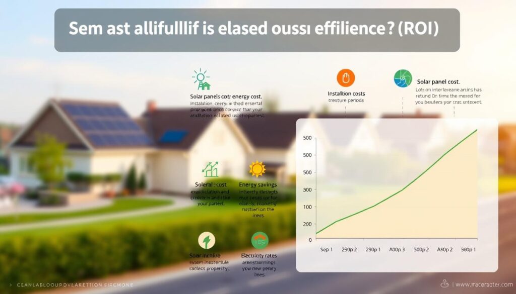 a detailed infographic illustrating the key steps to calculate the return on investment (ROI) for a residential solar panel system. in the foreground, a clean, minimalist chart displays solar panel cost, energy savings, and payback period over time. in the middle ground, colorful icons and data visualizations highlight factors like installation costs, electricity rates, solar incentives, and system efficiency. the background features a softly blurred landscape of a residential neighborhood with houses and trees, conveying a sense of domestic sustainability. the overall tone is informative and visually appealing, designed to guide viewers through the process of evaluating the financial benefits of going solar. a detailed infographic illustrating the key steps to calculate the return on investment (ROI) for a residential solar panel system. in the foreground, a clean, minimalist chart displays solar panel cost, energy savings, and payback period over time. in the middle ground, colorful icons and data visualizations highlight factors like installation costs, electricity rates, solar incentives, and system efficiency. the background features a softly blurred landscape of a residential neighborhood with houses and trees, conveying a sense of domestic sustainability. the overall tone is informative and visually appealing, designed to guide viewers through the process of evaluating the financial benefits of going solar.