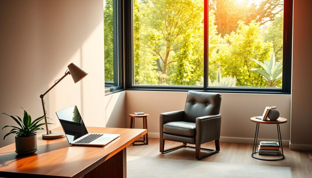 a tranquil focus studio with a large window overlooking a lush garden, bathed in warm natural light. in the foreground, a minimalist wooden desk with a high-end laptop, a geometric desk lamp, and a potted plant. the middle ground features a comfortable leather armchair and a small side table with a carefully curated selection of books. the background showcases a neutral-toned accent wall, enhanced by the soft shadows cast by the indirect lighting. the overall atmosphere exudes a sense of calm concentration, perfect for deep work and quick bursts of creative collaboration.