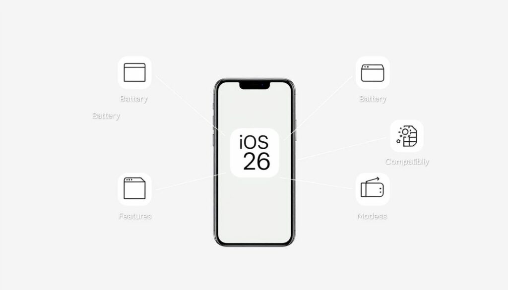 iOS 26 FAQ illustration showing common questions and answers