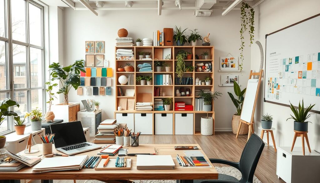materials office, well-organized creative workspace with colorful materials, textures, and creative tools. Bright and airy room with large windows, natural light, and modern furniture. Foreground: Desk with various art supplies, sketchbooks, and a laptop. Middle ground: Shelves displaying fabric swatches, paint samples, and design books. Background: Inspirational mood boards, potted plants, and a large whiteboard for brainstorming. Warm, inviting atmosphere that encourages ideation and collaboration. High-resolution, photorealistic, 4k, DSLR camera.