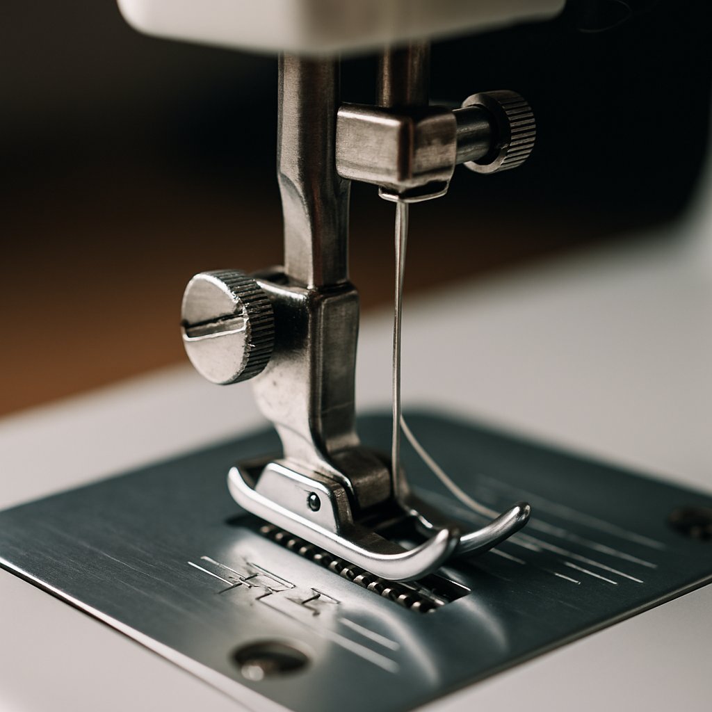 Close-up photo of a sewing machine needle threaded above the needle plate
