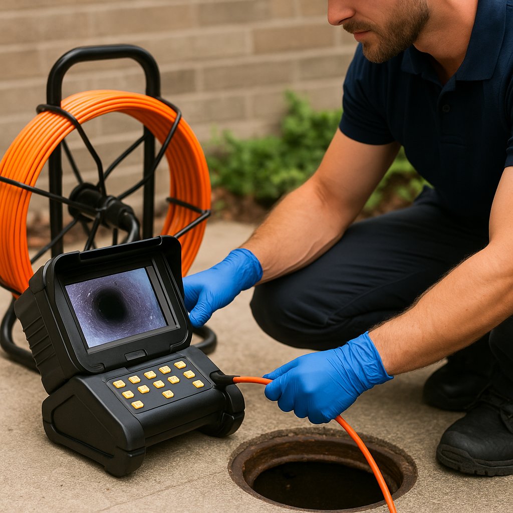 Close-up of a sewer inspection camera reel with coiled push cable and LED camera head