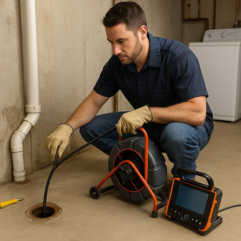 Homeowner using a sewer inspection camera with a live video feed near a floor drain